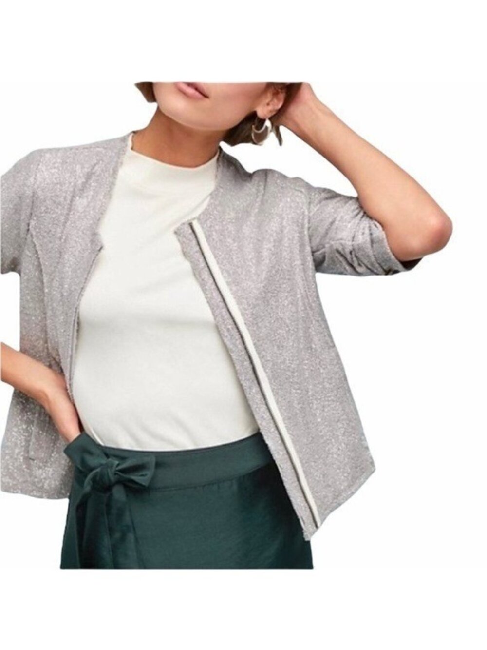 ANTHROPOLOGIE  Dolan Trendy Silver Metallic Zip Up Jacket Size L